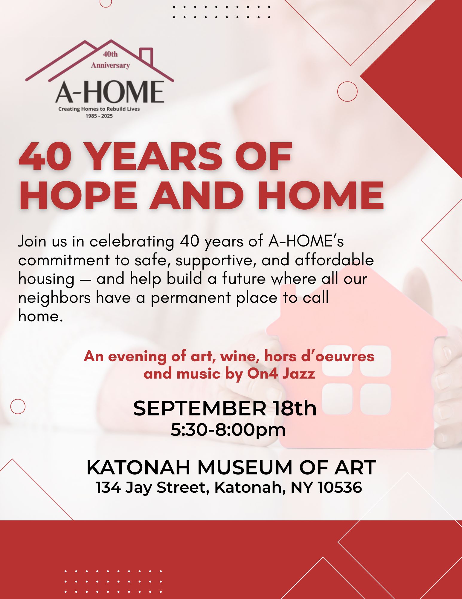 red and white invitation to 40 years of hope and home