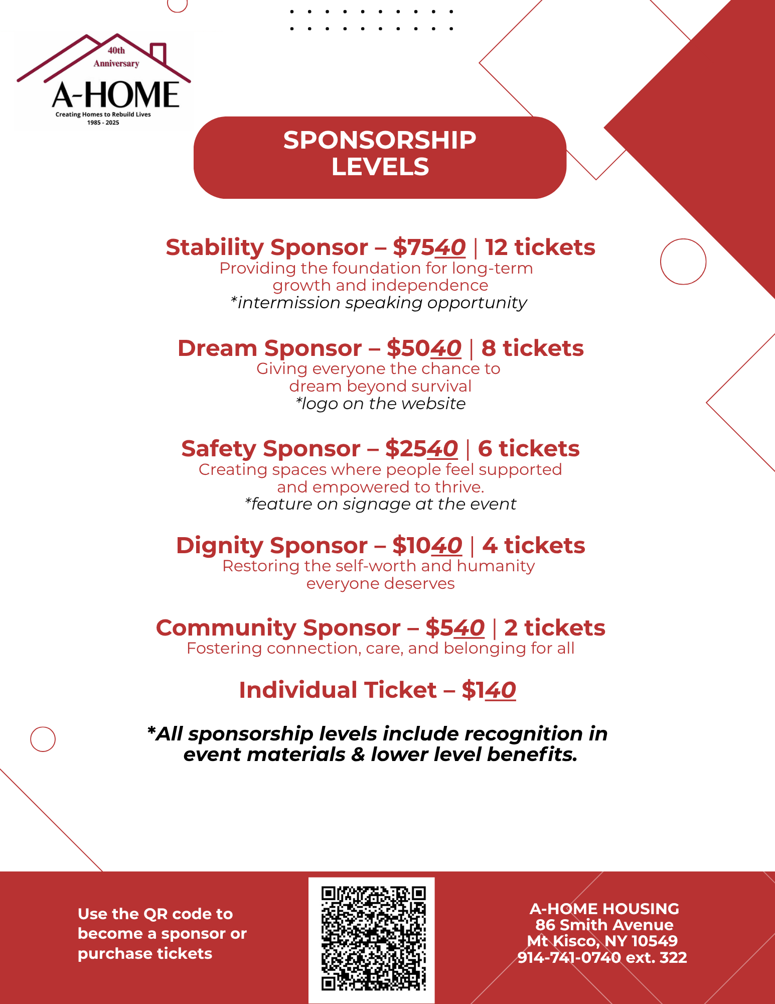 red and white listings of sponsorships and ticket prices